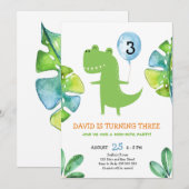 Drie Rex Dinosaur Boy 3rd Birthday Party Kaart (Voorkant / Achterkant)