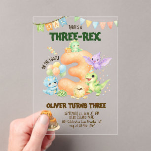 Drie-Rex Dinosaur Cute Dino 3e Verjaardag Acryl Uitnodigingen