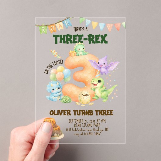 Drie-Rex Dinosaur Cute Dino 3e Verjaardag Acryl Uitnodigingen (Insitu (Draagbaar))