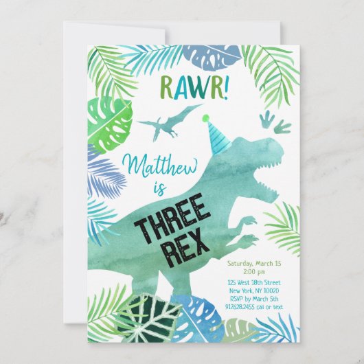 Drie Rex Dinosaur Greenery Birthday Kaart (Voorkant)