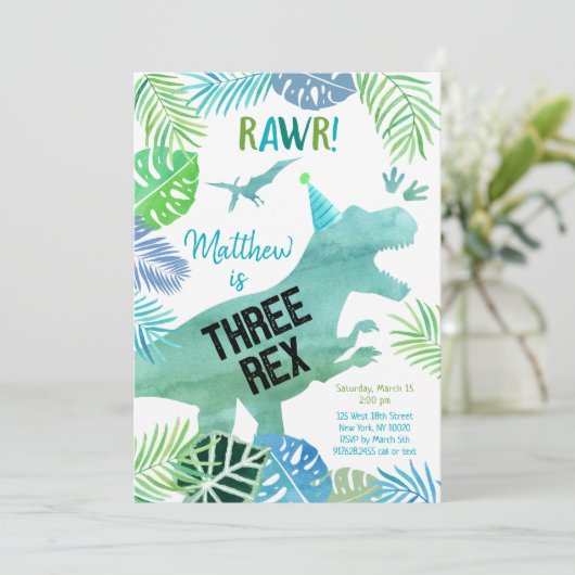 Drie Rex Dinosaur Greenery Birthday Kaart (Staand voorkant)