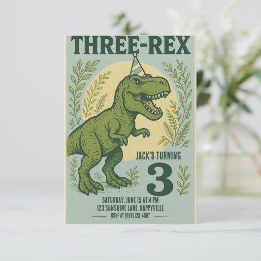 Drie Rex Dinosaur Greenery Birthday Kaart (Staand voorkant)