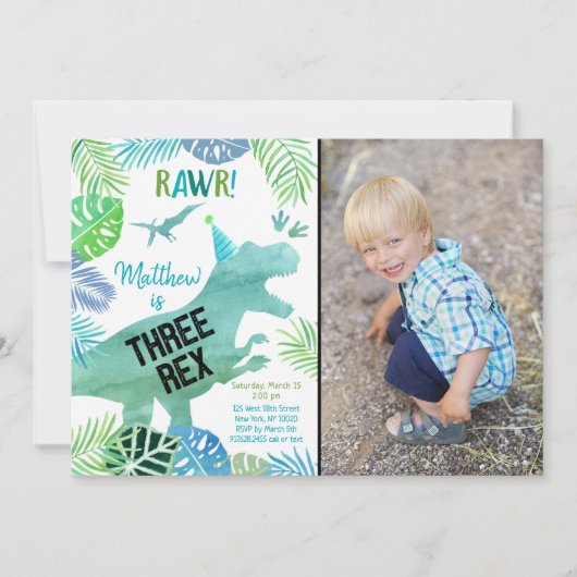 Drie Rex Dinosaur Greenery Birthday Kaart (Voorkant)