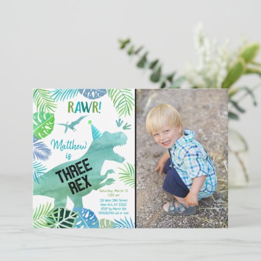 Drie Rex Dinosaur Greenery Birthday Kaart (Staand voorkant)