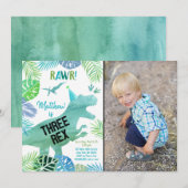 Drie Rex Dinosaur Greenery Birthday Kaart (Voorkant / Achterkant)