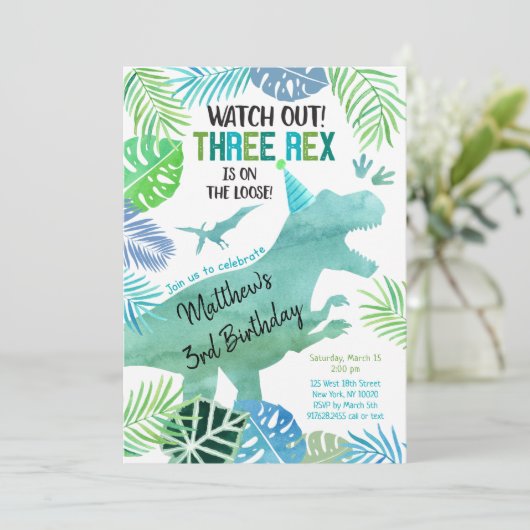 Drie Rex Dinosaur Greenery Birthday Kaart (Staand voorkant)