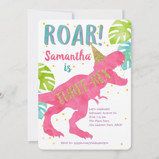 Drie-rex, Dinosaur, Meisje, Derde verjaardag Kaart (Voorkant)