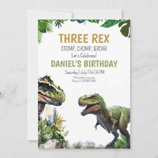 Drie Rex Dinosaur Printable verjaardagsuitnodiging Kaart (Voorkant)