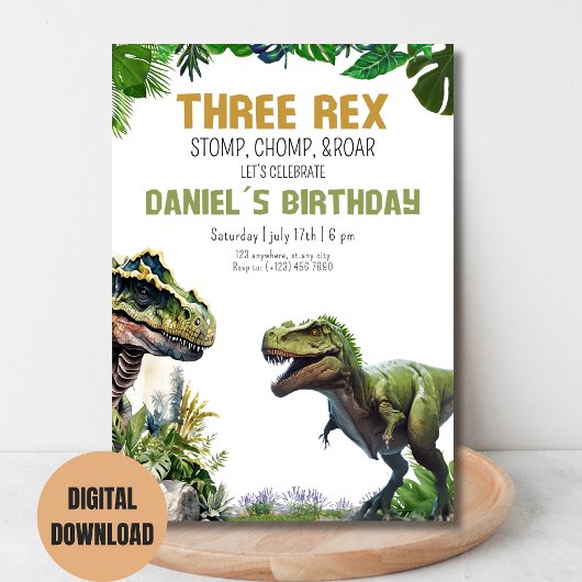 Drie Rex Dinosaur Printable verjaardagsuitnodiging Kaart