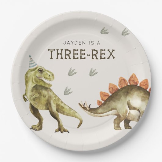 Drie-Rex Dinosaur T-rex 3de Verjaardag Papieren Bordje (Voorkant)