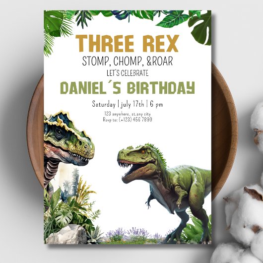 Drie Rex Dinosaur Uitprintbare verjaardagsuitnodig Kaart