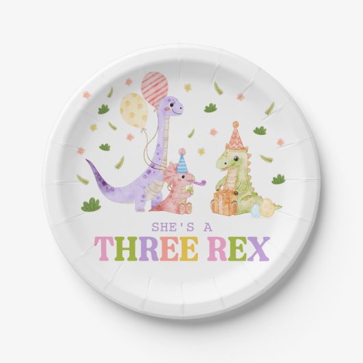 Drie Rex Dinosaur Verjaardag Papieren Bordje (Voorkant)