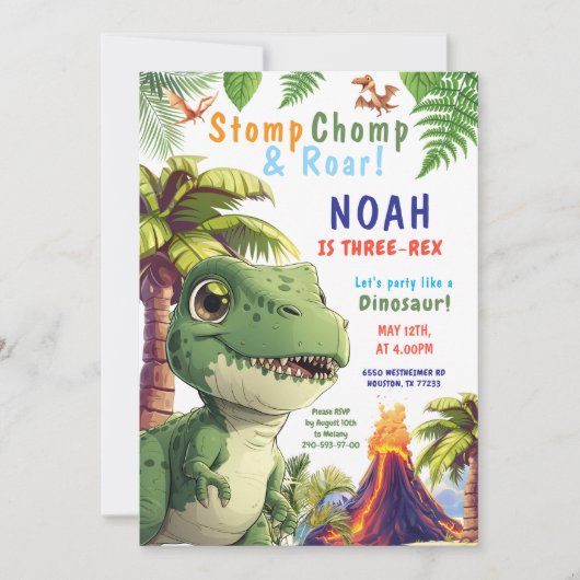 Drie Rex Dinosaur Verjaardag uitnodiging (Voorkant)