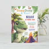 Drie Rex Dinosaur Verjaardag uitnodiging (Staand voorkant)