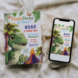 Drie Rex Dinosaur Verjaardag uitnodiging