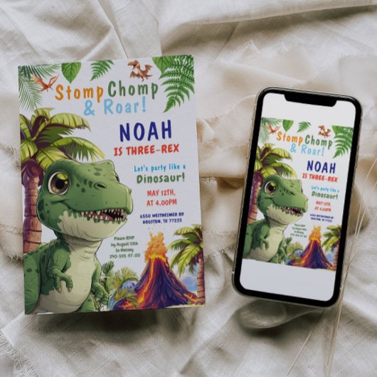 Drie Rex Dinosaur Verjaardag uitnodiging