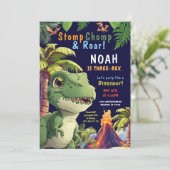 Drie Rex Dinosaur Verjaardag uitnodiging (Staand voorkant)