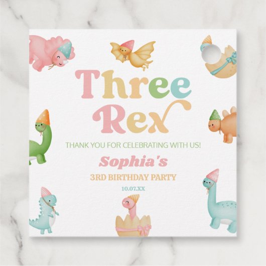 Drie Rex Dinosaurus 3e Derde Verjaardagsfeest Bedankjes Labels (Achterkant)