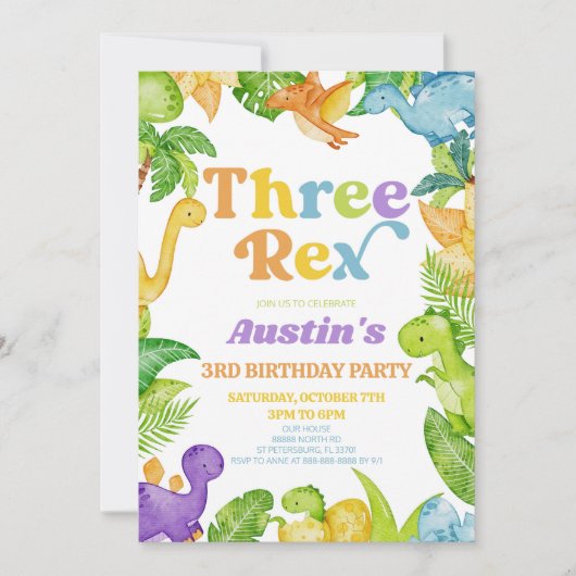 Drie Rex Dinosaurus 3e Derde Verjaardagsfeest Kaart (Voorkant)