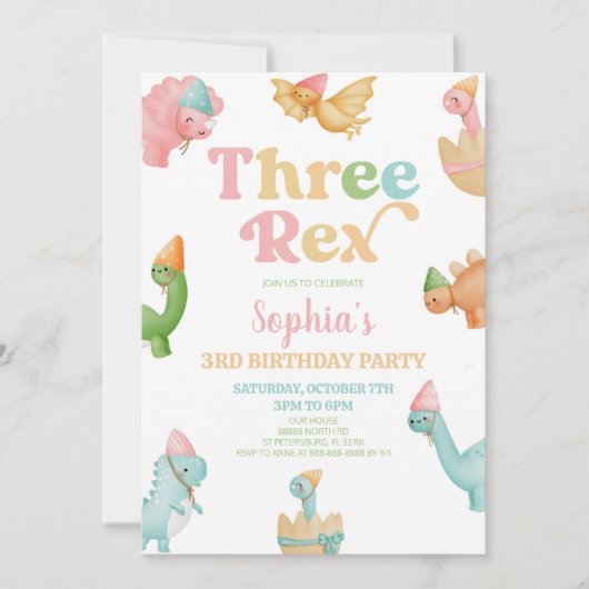 Drie Rex Dinosaurus 3e Derde Verjaardagsfeest Kaart (Voorkant)