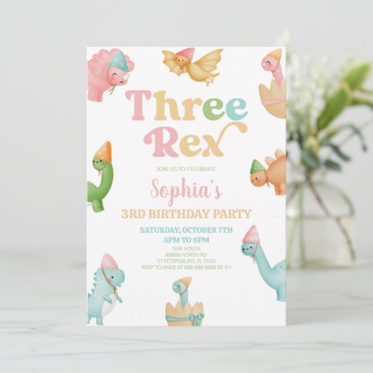 Drie Rex Dinosaurus 3e Derde Verjaardagsfeest Kaart (Staand voorkant)
