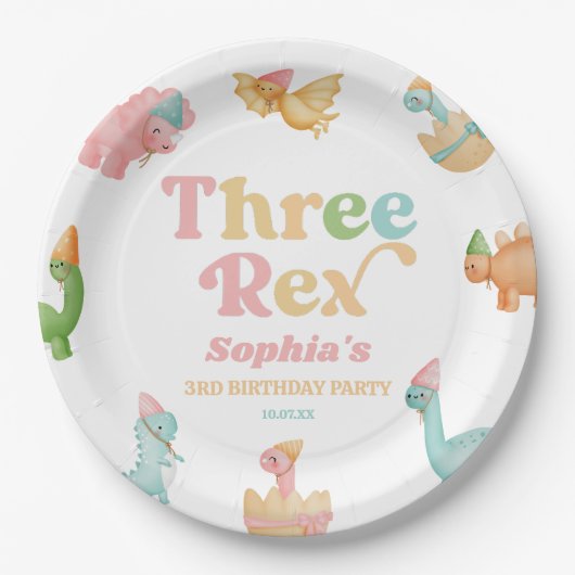 Drie Rex Dinosaurus 3e Derde Verjaardagsfeest Papieren Bordje (Voorkant)