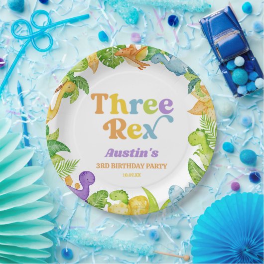 Drie Rex Dinosaurus 3e Derde Verjaardagsfeest Papieren Bordje (Feest)
