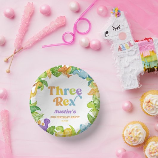 Drie Rex Dinosaurus 3e Derde Verjaardagsfeest Papieren Kommen (Feest)