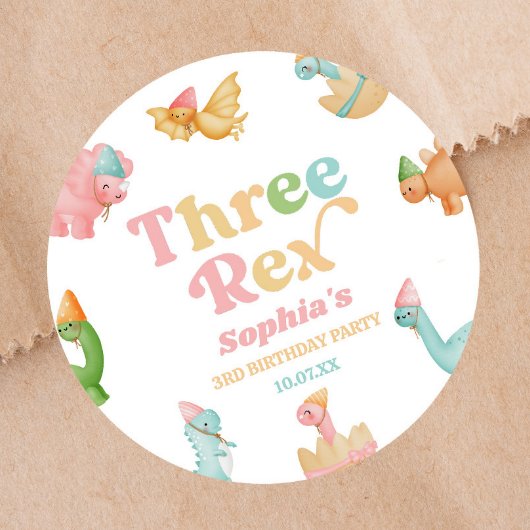 Drie Rex Dinosaurus 3e Derde Verjaardagsfeest Ronde Sticker
