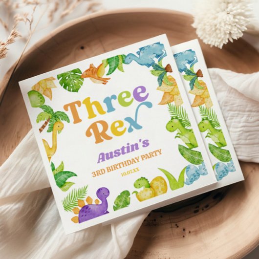 Drie Rex Dinosaurus 3e Derde Verjaardagsfeest Servet