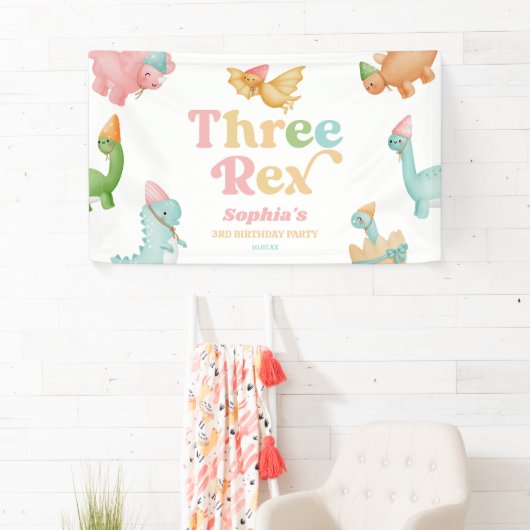 Drie Rex Dinosaurus 3e Derde Verjaardagsfeest Spandoek (Insitu)