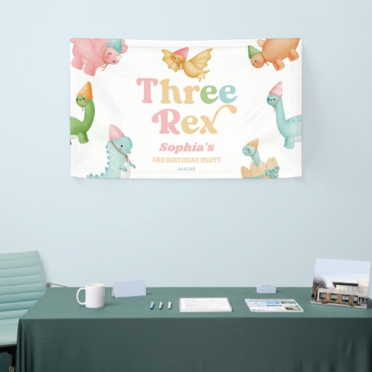 Drie Rex Dinosaurus 3e Derde Verjaardagsfeest Spandoek (Beurs)