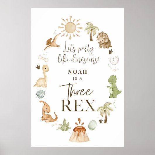 Drie Rex Dinosaurus 3e Verjaardag Feestbord Poster (Voorkant)
