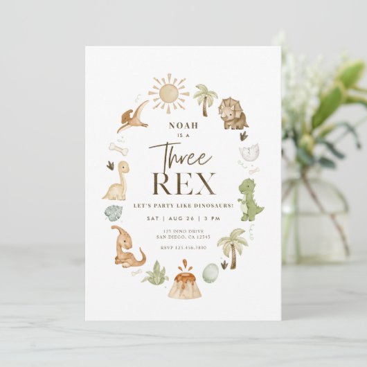 Drie Rex Dinosaurus 3e Verjaardag uitnodiging (Staand voorkant)