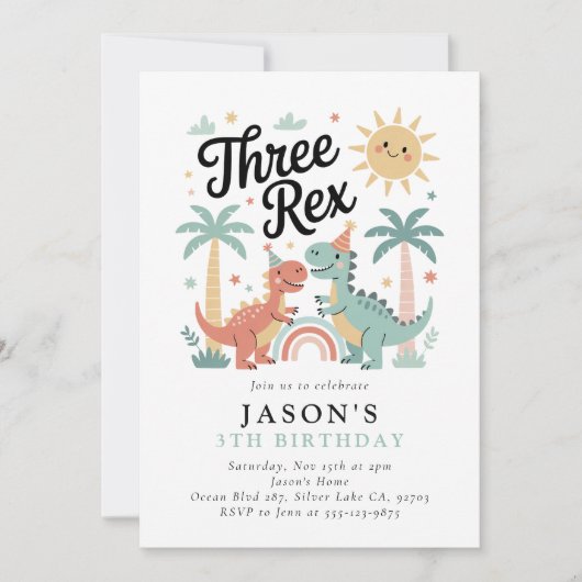 Drie Rex Dinosaurus 3e Verjaardagsfeest Kaart (Voorkant)