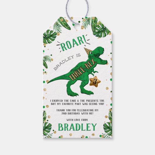 Drie-Rex Dinosaurus 3e Verjaardagsfeestje Dank u Cadeaulabel (Voorkant)