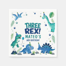 Drie Rex Dinosaurus Blauw 3e Verjaardag Papier