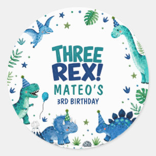 Drie Rex Dinosaurus Blauw 3e Verjaardag Ronde Sticker