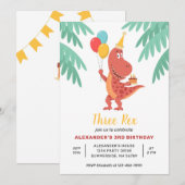 Drie Rex Dinosaurus Cake Balloon 3e Verjaardagsfee Kaart (Voorkant / Achterkant)