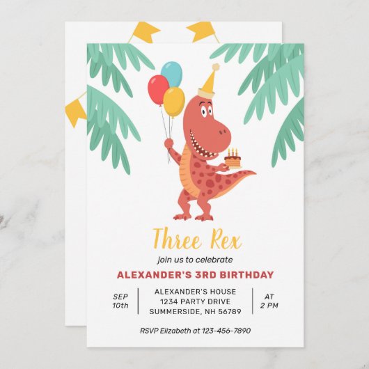 Drie Rex Dinosaurus Cake Balloon 3e Verjaardagsfee Kaart (Voorkant / Achterkant)