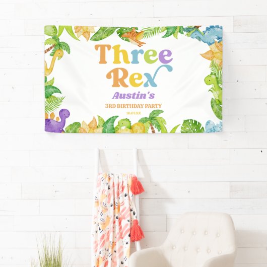 Drie Rex Dinosaurus Derde 3e Verjaardagsfeest Spandoek (Insitu)