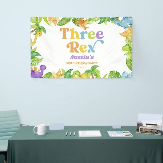 Drie Rex Dinosaurus Derde 3e Verjaardagsfeest Spandoek (Beurs)