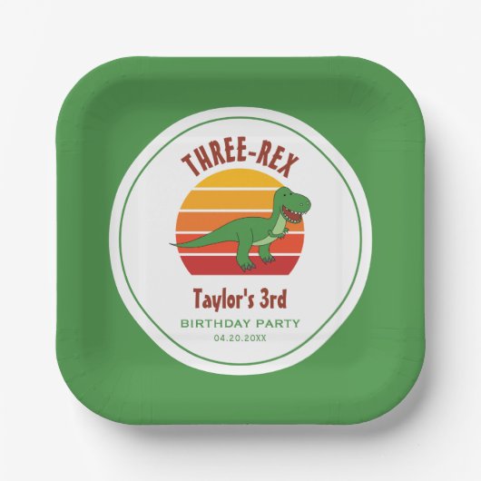 Drie Rex Dinosaurus Genderneutraal Fun 3e Verjaard Papieren Bordje (Voorkant)