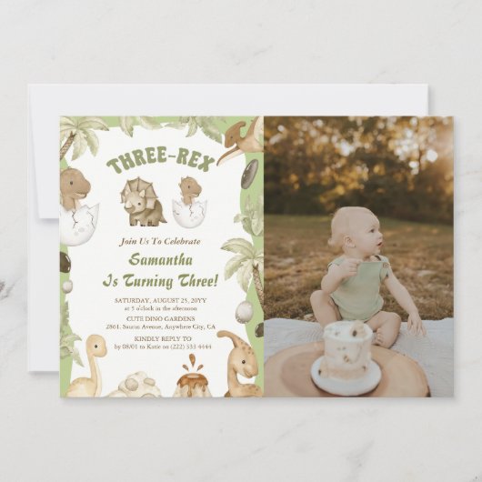 Drie Rex Dinosaurus Jongen 3e Verjaardag Party Fot Kaart (Voorkant)