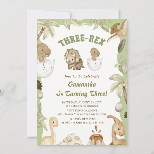 Drie Rex Dinosaurus Jongen 3e Verjaardagsfeestje Kaart (Voorkant)