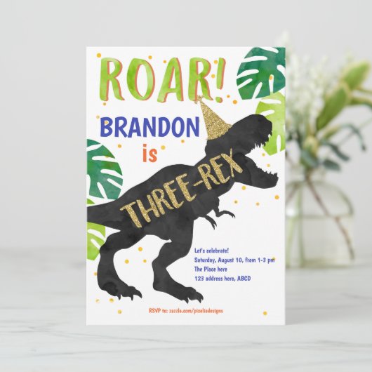 Drie-rex, dinosaurus, jongen, derde verjaardag kaart (Staand voorkant)