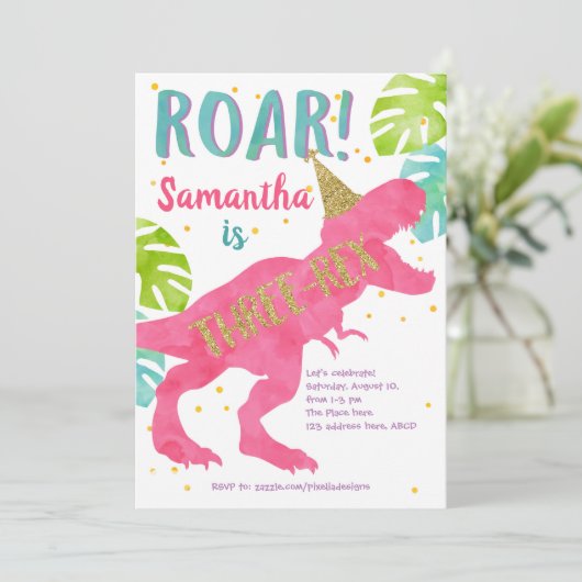 Drie-rex, dinosaurus, meisje, derde verjaardag kaart (Staand voorkant)