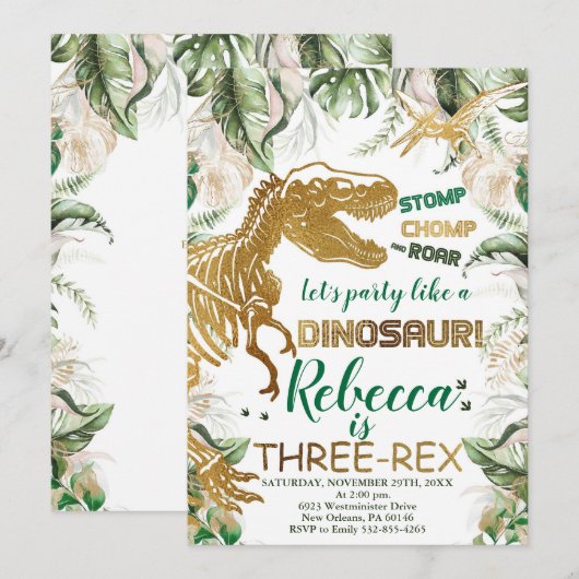 Drie-rex Dinosaurus Verjaardag, Dino T-Rex Kaart (Voorkant / Achterkant)