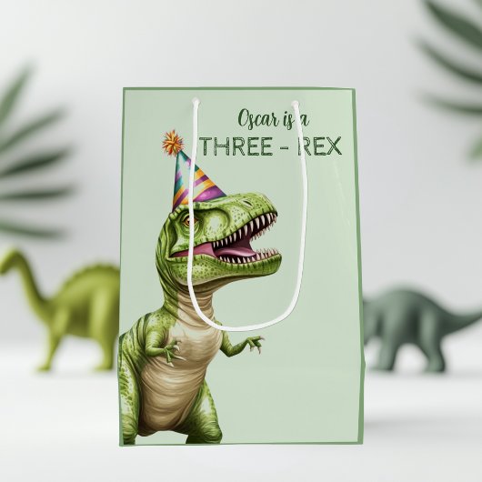 Drie-Rex Dinosaurus Verjaardag Gift Bag | Green Di Medium Cadeauzakje