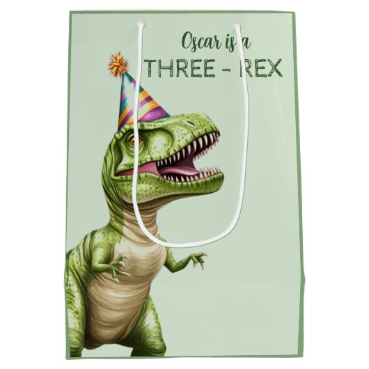 Drie-Rex Dinosaurus Verjaardag Gift Bag | Green Di Medium Cadeauzakje (Achterkant)
